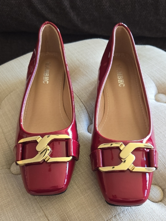 VBH Shoes - Red Patent Low Heels with Gold Accent